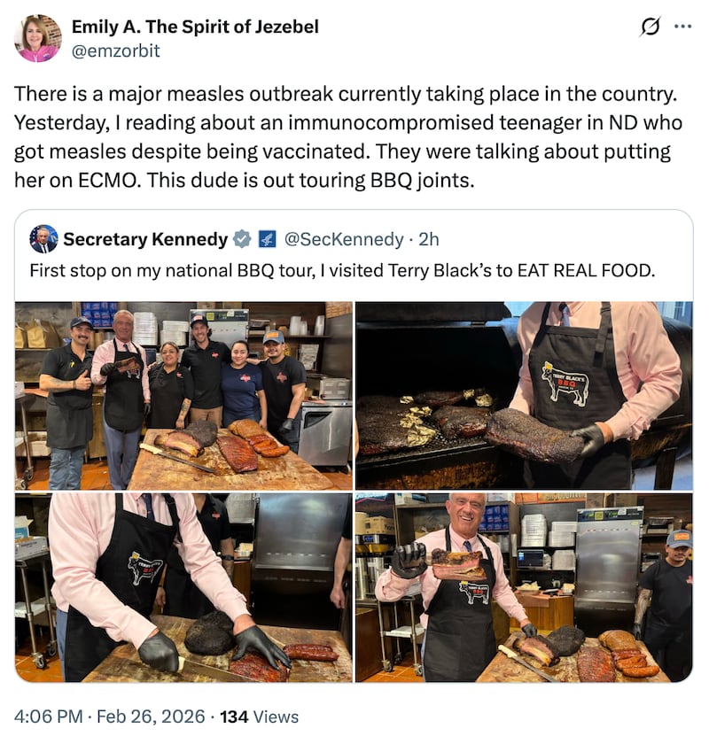 One user complained that RFK Jr. was focusing on touring BBQ restaurants rather than focusing on measles, which has infected nearly 1,000 people in 2026.