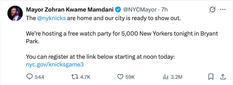 Mayor Zohran Mamdani announces Bryant Park watch party for Knicks fans.