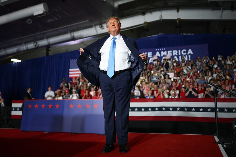 U.S. President Donald Trump wraps up an appearance at a campaign rally at Pinnacle Bank Expo Center on the Nebraska State Fairgrounds on October 05, 2026 in Grand Island, Nebraska.