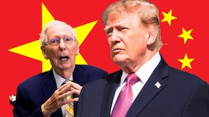 A photo illustration of Mitch McConnell and Donald Trump and China flag.