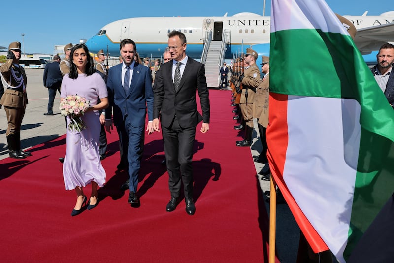 Hungarian Foreign Minister Peter Szijjarto welcomes U.S. Vice President JD Vance and second lady Usha Vance as they arrive at Budapest Ferenc Liszt International Airport in Budapest, Hungary, April 7, 2026.