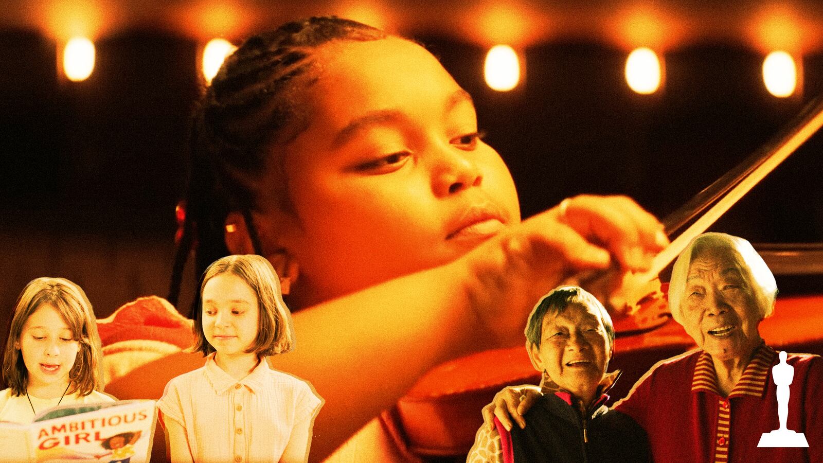 A photo illustration of stills from in ABCs of Book Banning, Last Repair Shop, and Nai Nai and Wai Po.