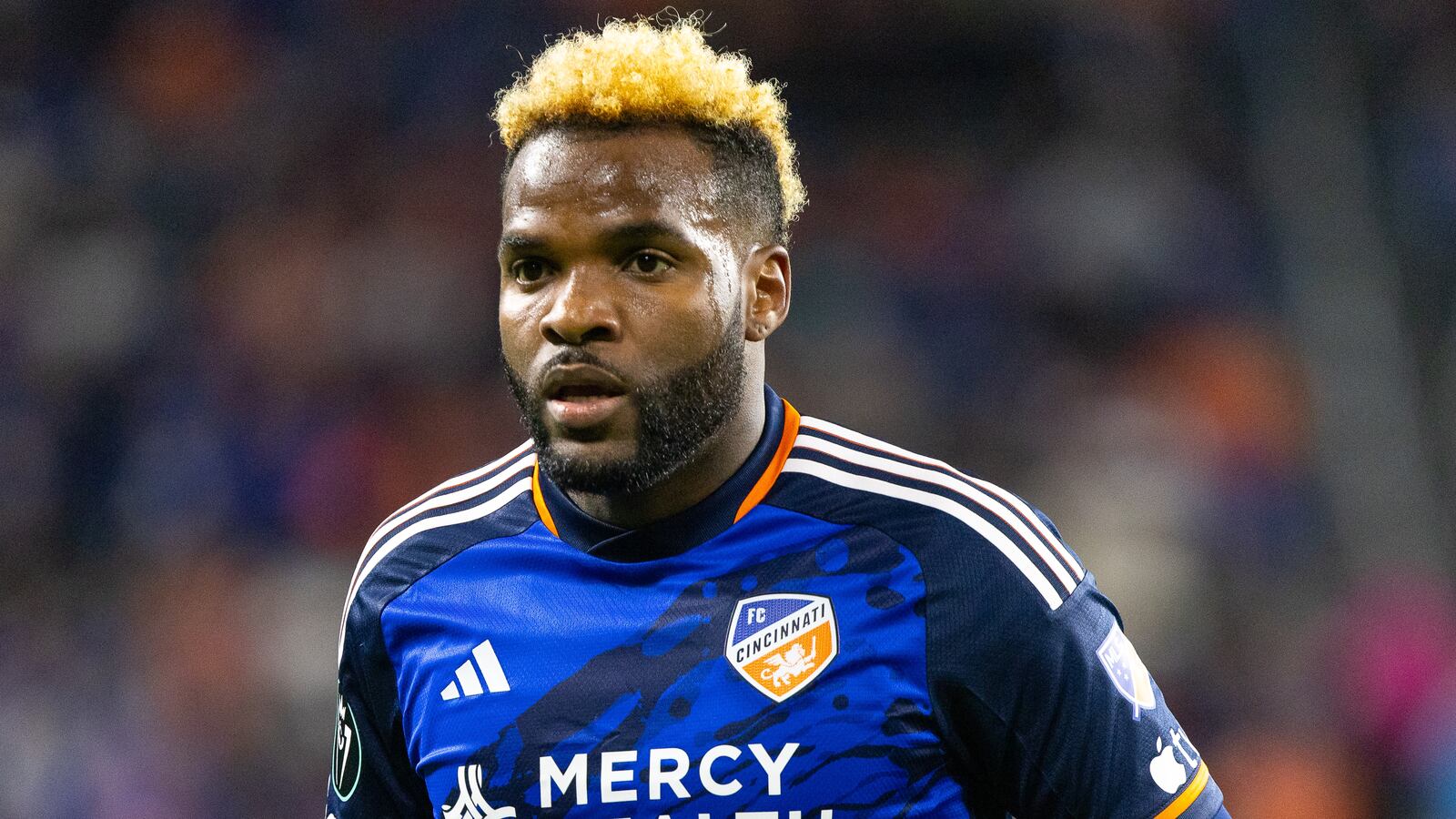 Aaron Boupendza #9 of FC Cincinnati during a Concacaf Champions Cup Round of 16 game between CF Monterrey and FC Cincinnati at TQL Stadium on March 7, 2024 in Cincinnati, Ohio.