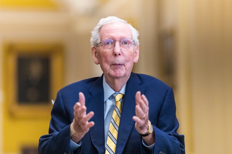 Sen. Mitch McConnell gave a brief statement to reporters outside the Senate chamber as he arrived to cast his first vote in more than three months.