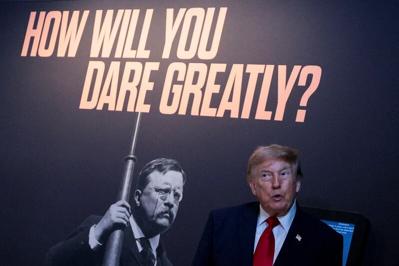 While touring the Theodore Roosevelt Presidential Library, Trump spoke with an A.I version of the president, who reminded him that the nation comes first.
