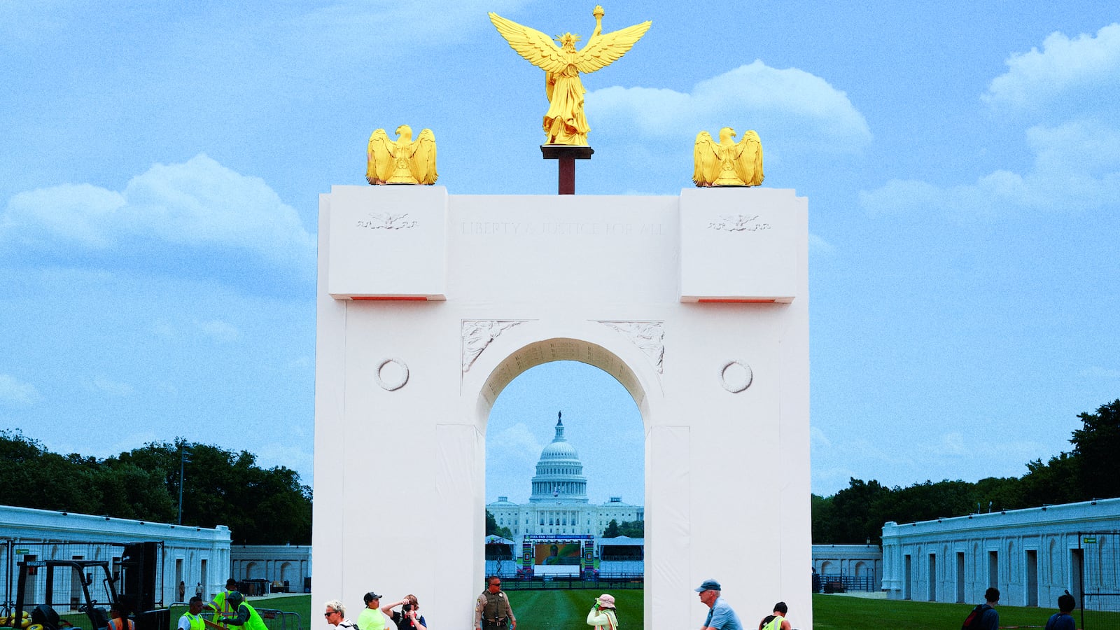 A photo illo illustration of the scale replica of President Donald Trump's 250-foot-tall "Triumphal Arch" stands in the middle of the National Mall along 7th Street Northwest on June 22, 2026 in Washington, DC. The display is part of Trump's Freedom 250 Great American State Fair, which will fill the mall with 150 exhibits from all 56 states and territories from June 25 to July 10.