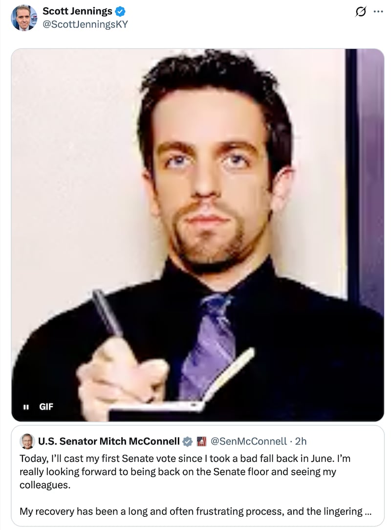 Scott Jennings posts a reaction GIF after the return of Mitch McConnell.