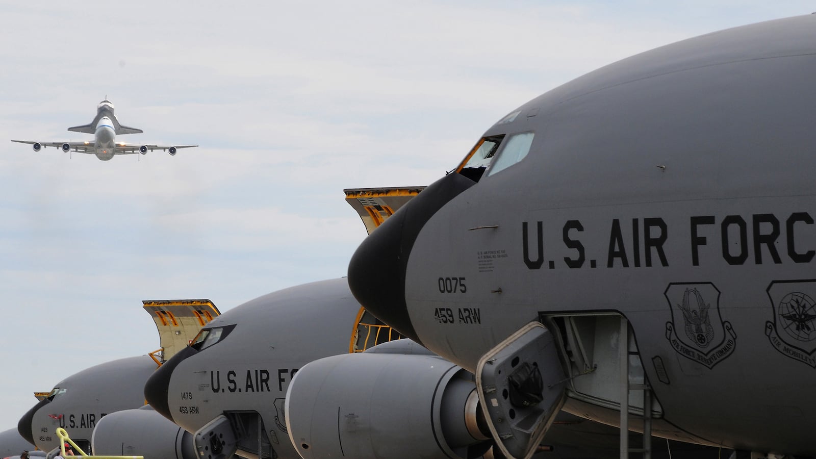 A NASA shuttle carrier aircraft carrying the Space Shuttle Discovery performs a flyby over Joint Base Andrews in Maryland