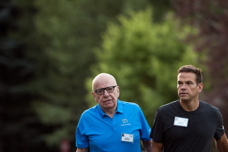 SUN VALLEY, ID - JULY 13: (L to R) Rupert Murdoch, executive chairman of News Corp and chairman of Fox News, and Lachlan Murdoch, co-chairman of 21st Century Fox, walk together as they arrive on the third day of the annual Allen & Company Sun Valley Conference, July 13, 2017 in Sun Valley, Idaho. Every July, some of the world's most wealthy and powerful businesspeople from the media, finance, technology and political spheres converge at the Sun Valley Resort for the exclusive weeklong conference. (Photo by Drew Angerer/Getty Images)