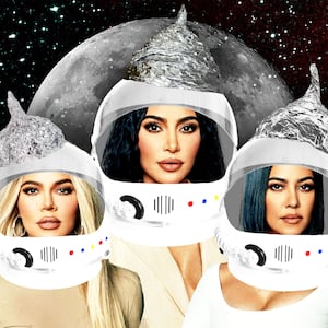 Kim Kardashian, Khloe Kardashian, Kourtney Kardashian wearing astronaut helmets with tinfoil hats on top in front of the Moon
