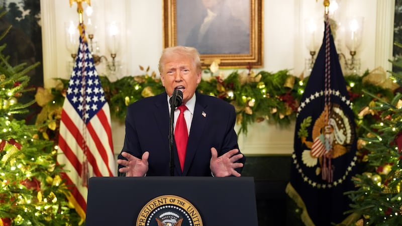 WASHINGTON, DC - DECEMBER 17: U.S. President Donald Trump addresses the nation from the Diplomatic Room of the White House on December 17, 2025 in Washington, DC. White House press secretary Karoline Leavitt said Trump would be "addressing the country about all of his historic accomplishments over the past year, and maybe teasing some policy that will be coming in the new year, as well."
