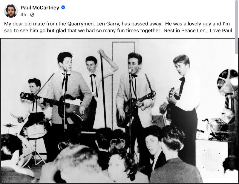Paul McCartney's Facebook post memorializing Quarrymen bandmate Len Garry