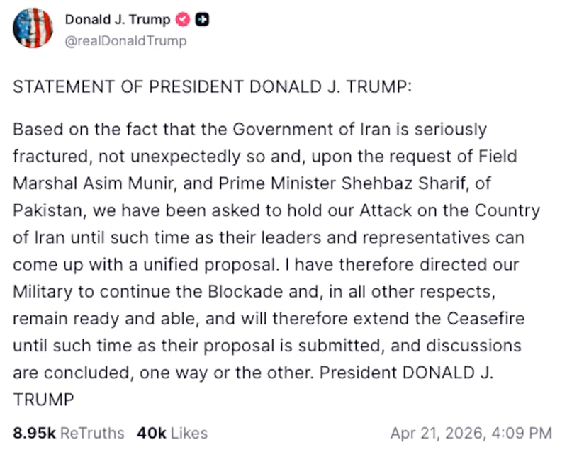 Donald Trump Truth Social post on Iran