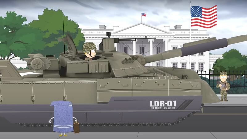 South Park, Towelie walking to the White House, but there's a tank rolling through the street in front of him.