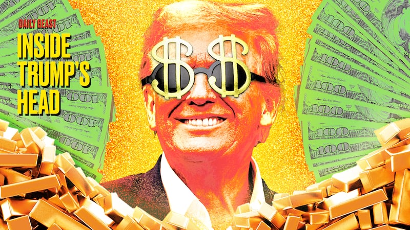 A photo illo illustration of Donald Trump surrounded by money and greed for Inside Trump's Head podcast.