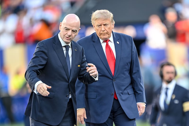 FIFA president Gianni Infantino and president Donald Trump after the FIFA World Cup 2026 Final match between Spain and Argentina at New York New Jersey Stadium.