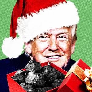 Donald Trump with a gift box full of coal.