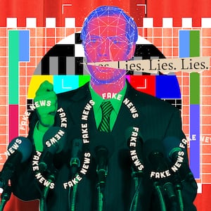 A photo illustration of a politician and fake news