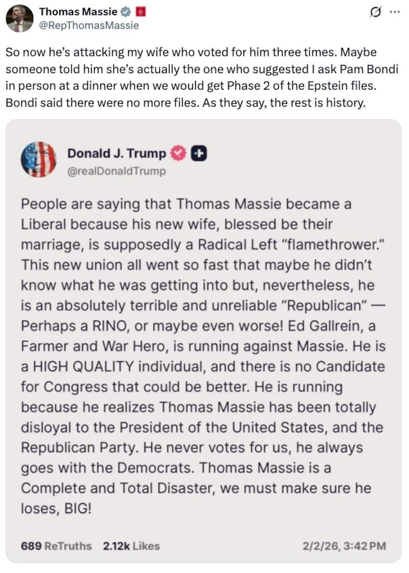 Thomas Massie X post about Trump