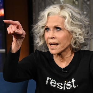 The Late Show with Stephen Colbert and guest Jane Fonda during Wednesday’s January 21, 2026 show. Photo: Scott Kowalchyk ©2026 CBS Broadcasting Inc. All Rights Reserved.