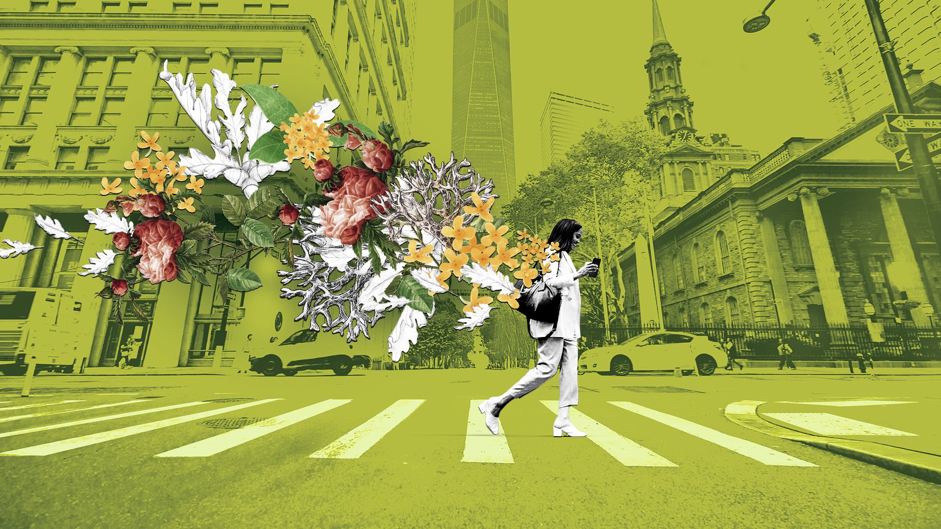 A woman's perfume lingers in the air as she walks down the street.