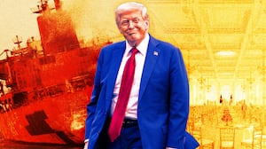A photo illo illustration of Donald Trump, a damaged tanker in the Strait of Hormuz, and Trump's White House ballroom.
