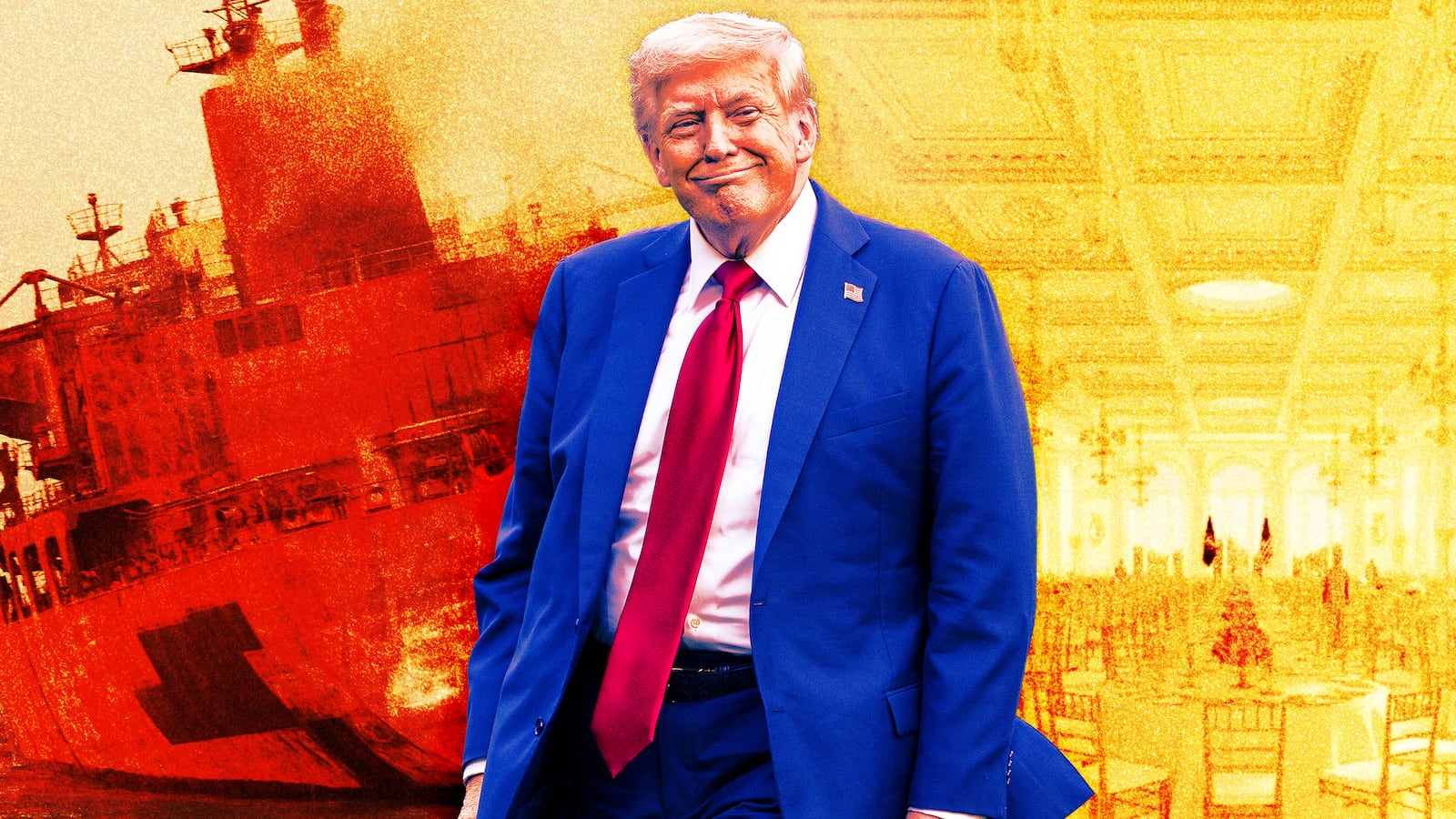 A photo illo illustration of Donald Trump, a damaged tanker in the Strait of Hormuz, and Trump's White House ballroom.