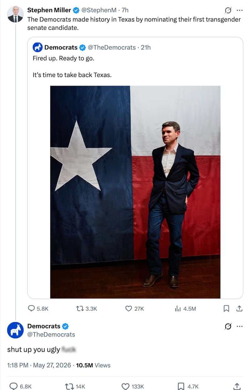 Stephen Miller is insulted by The Democrats X account