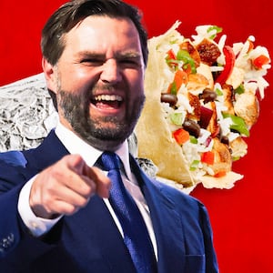 A photo illustration of JD Vance and a Chipotle burrito.