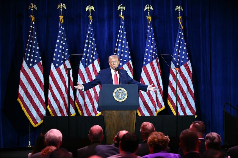 President Donald Trump speaks during the House Republican Party member retreat at the Kennedy Center in Washington, DC, on January 6, 2026.