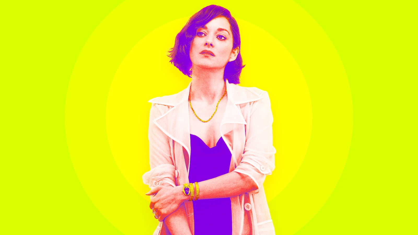 A photo illustration of Marion Cotillard in "The Morning Show."