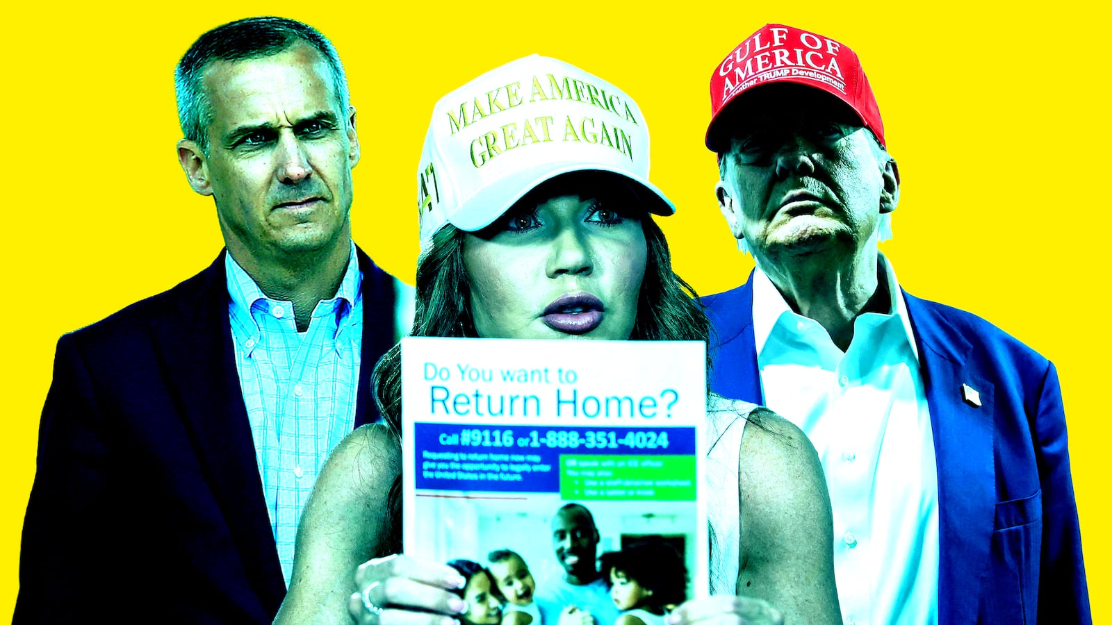 Donald Trump, Kristi Noem, Corey Lewandowski photo illustration, illo