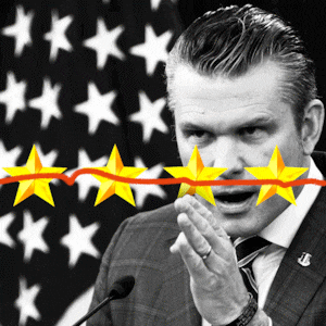 Pete Hegseth with a red line crossing out four gold stars