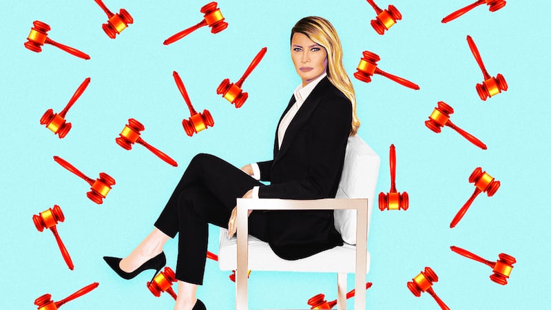 A photo illustration of the Melania Trump surrounded by flying gavels.