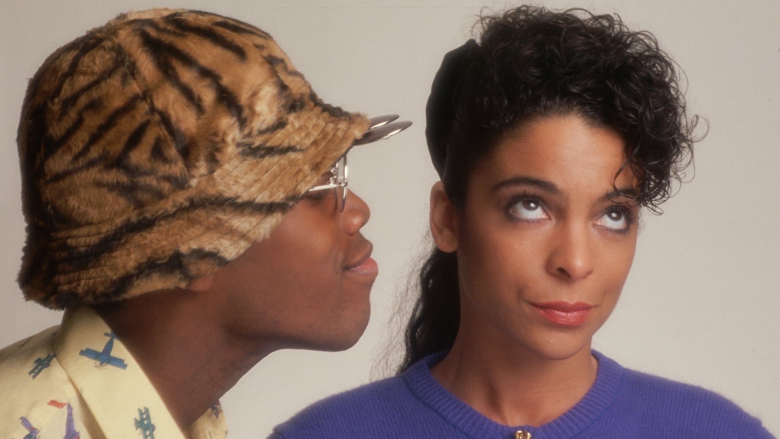 Studio portrait of actress Jasmine Guy and actor Kadeem Hardison, co-stars of A Different World television show.