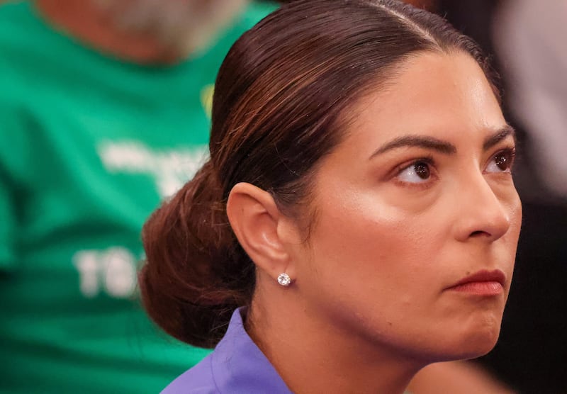 Mayor Christi Fraga waits for her chance to state her support to the incinerator being built at Airport West site near Miramar on Sept.17, 2024, at Miami-Dade commission meeting in Miami.