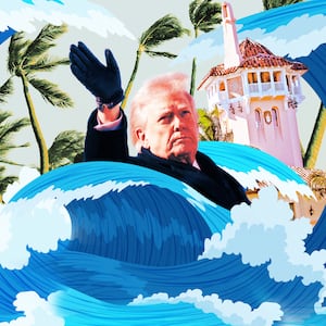 A photo illustration of Donald Trump in blue waves along with Mar-A-Lago.