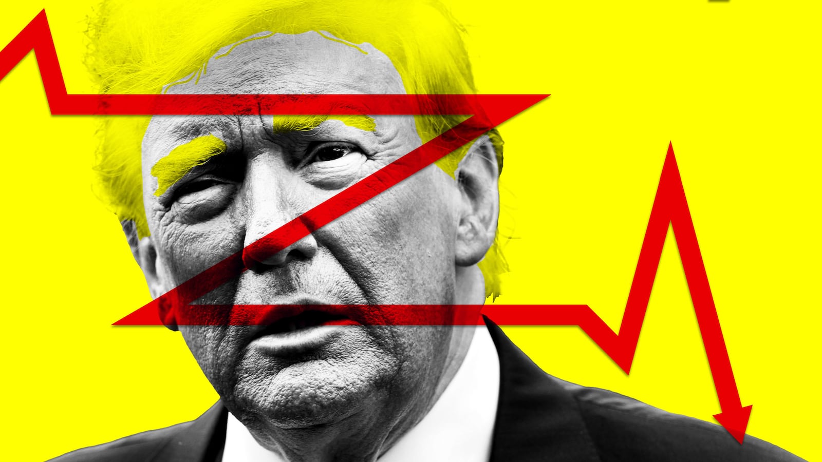 Donald Trump with a down arrow shaped in a "z" over his face on a yellow background