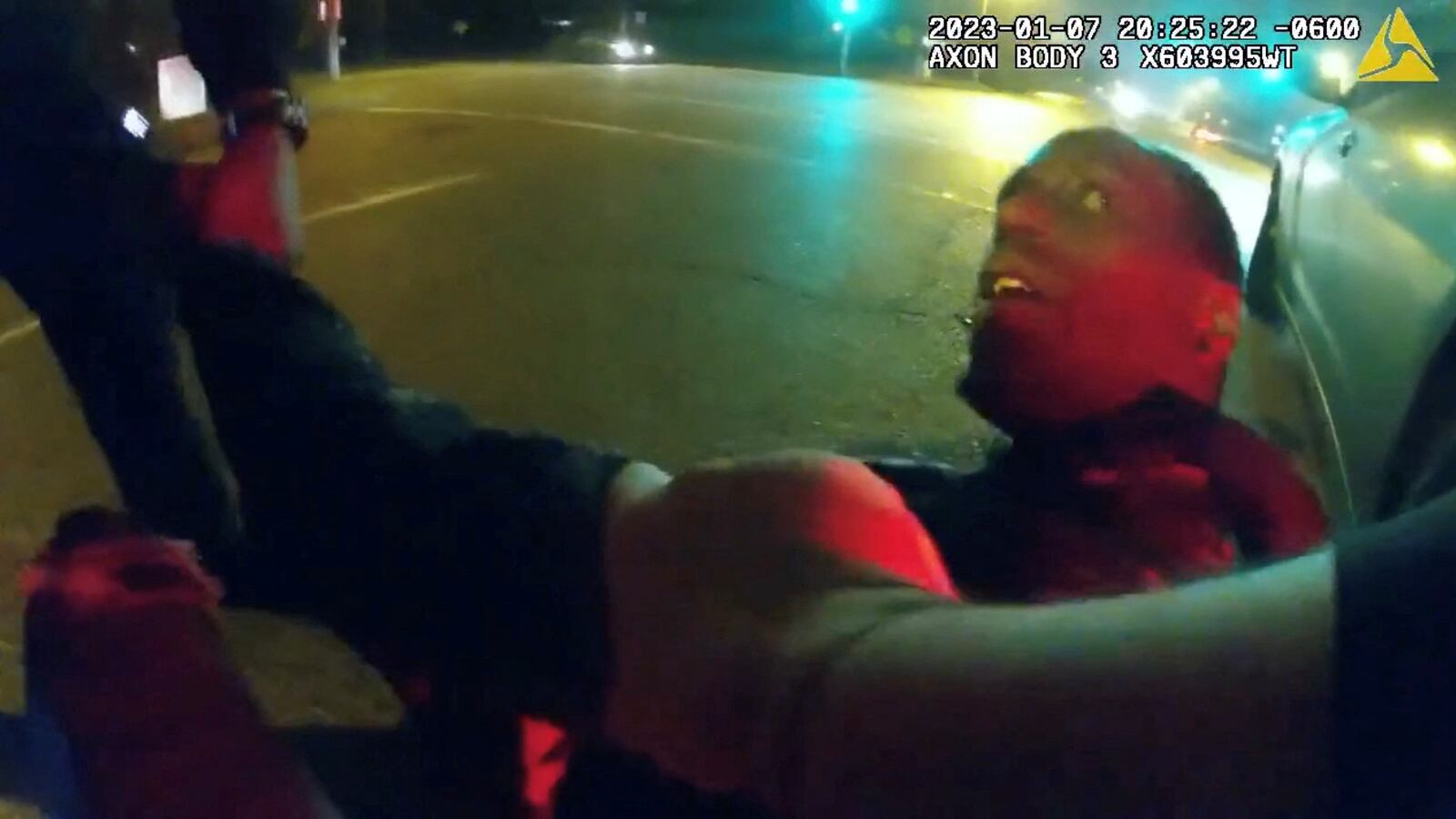 Tyre Nichols, a 29-year-old Black man who was pulled over while driving and died three days later, is detained by Memphis Police Department officers on January 7, 2023.