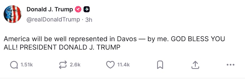 Donald Trump posts about his trip to Switzerland on Truth Social.