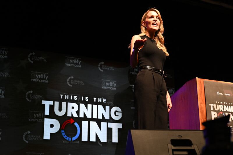 Megyn Kelly speaks during an "American Comeback Tour" stop hosted by Turning Point USA in Burruss Hall at Virgina Tech university in Blacksburg, Virginia, on September 24, 2025. The event is being held two weeks after the killing of right-wing activist and co-founder of Turning Point USA Charlie Kirk during an "American Comeback Tour" stop in Orem, Utah on September 10.