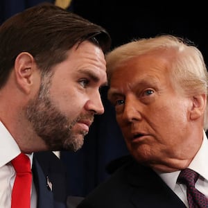 US Vice President-elect former Sen. J.D. Vance (R-OH) and US President-elect Donald Trump attend the inauguration of US President-elect Donald Trump in the Rotunda of the US Capitol on January 20, 2025 in Washington, DC. Donald Trump takes office for his second term as the 47th president of the United States. (Photo by Chip Somodevilla / POOL / AFP) (Photo by CHIP SOMODEVILLA/POOL/AFP via Getty Images)