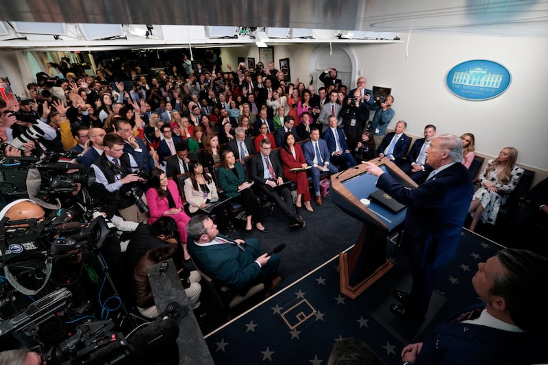 U.S. President Donald Trump holds a press conference in the James S. Brady Press Briefing Room at the White House in Washington, D.C., U.S., April 6, 2026. REUTERS/Evan Vucci