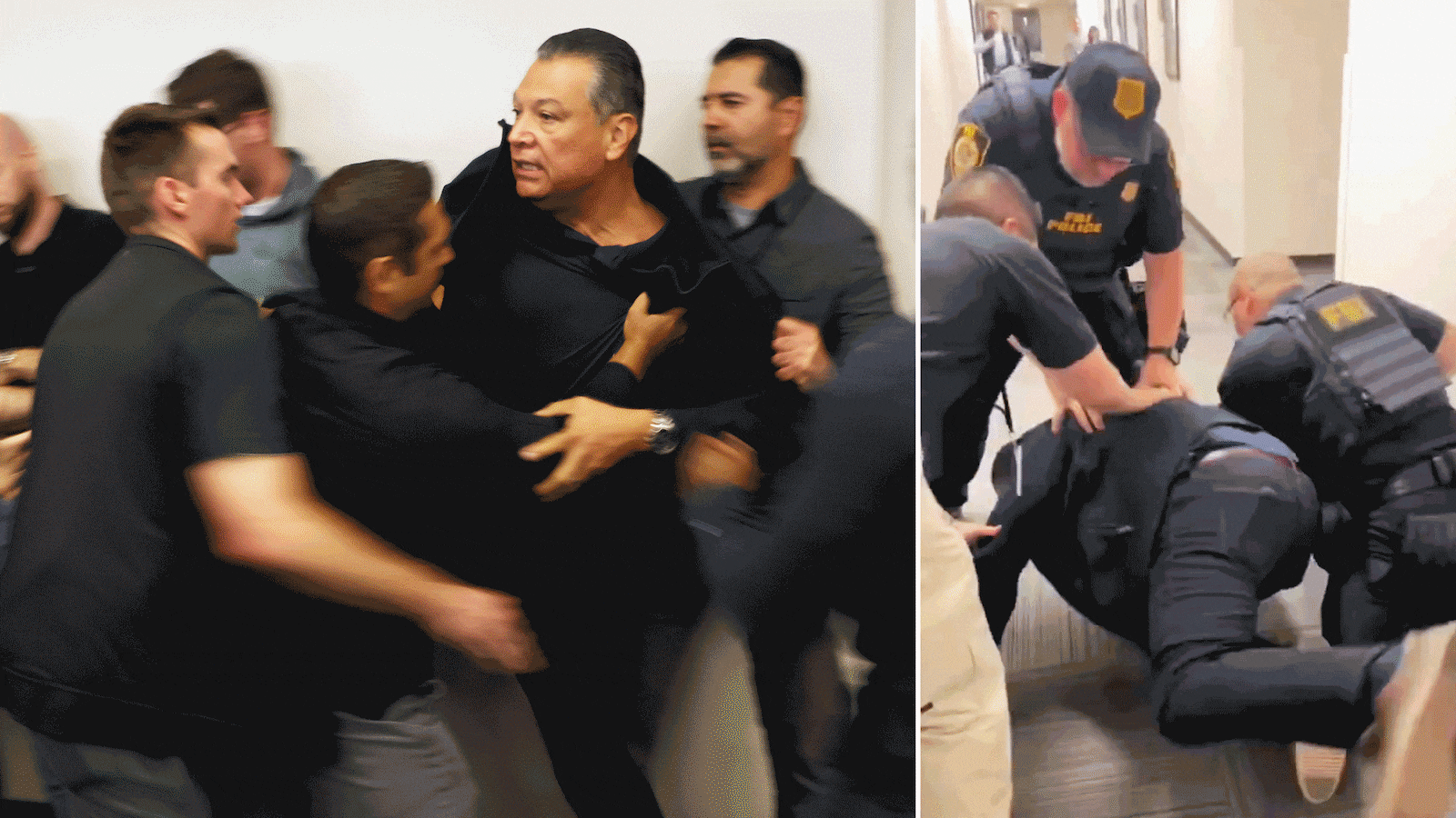 A photo composite of U.S. Sen. Alex Padilla is pushed out and arrested as Homeland Security Secretary Kristi Noem holds a news conference in Los Angeles on June 12.