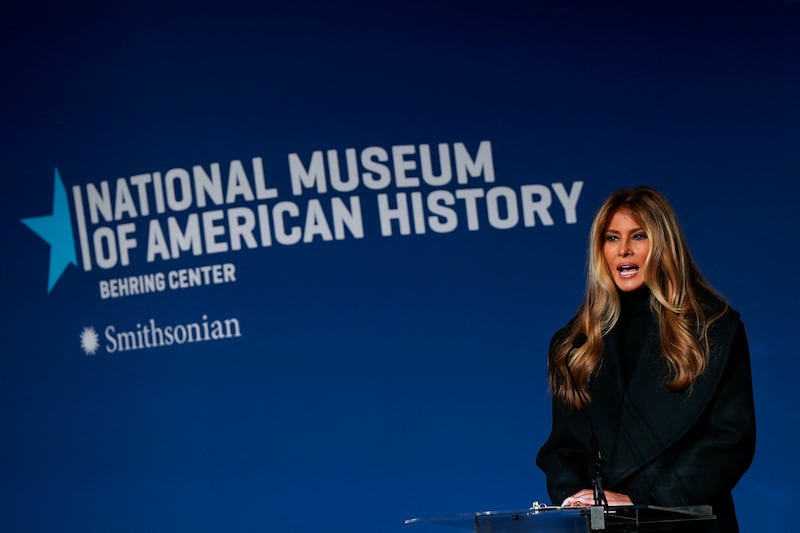 U.S. first lady Melania Trump delivers remarks in the Flag Hall of the Smithsonian's National Museum of American History in Washington, D.C., U.S., February 20, 2026.