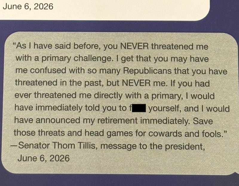 Thom Tillis text to Donald Trump.