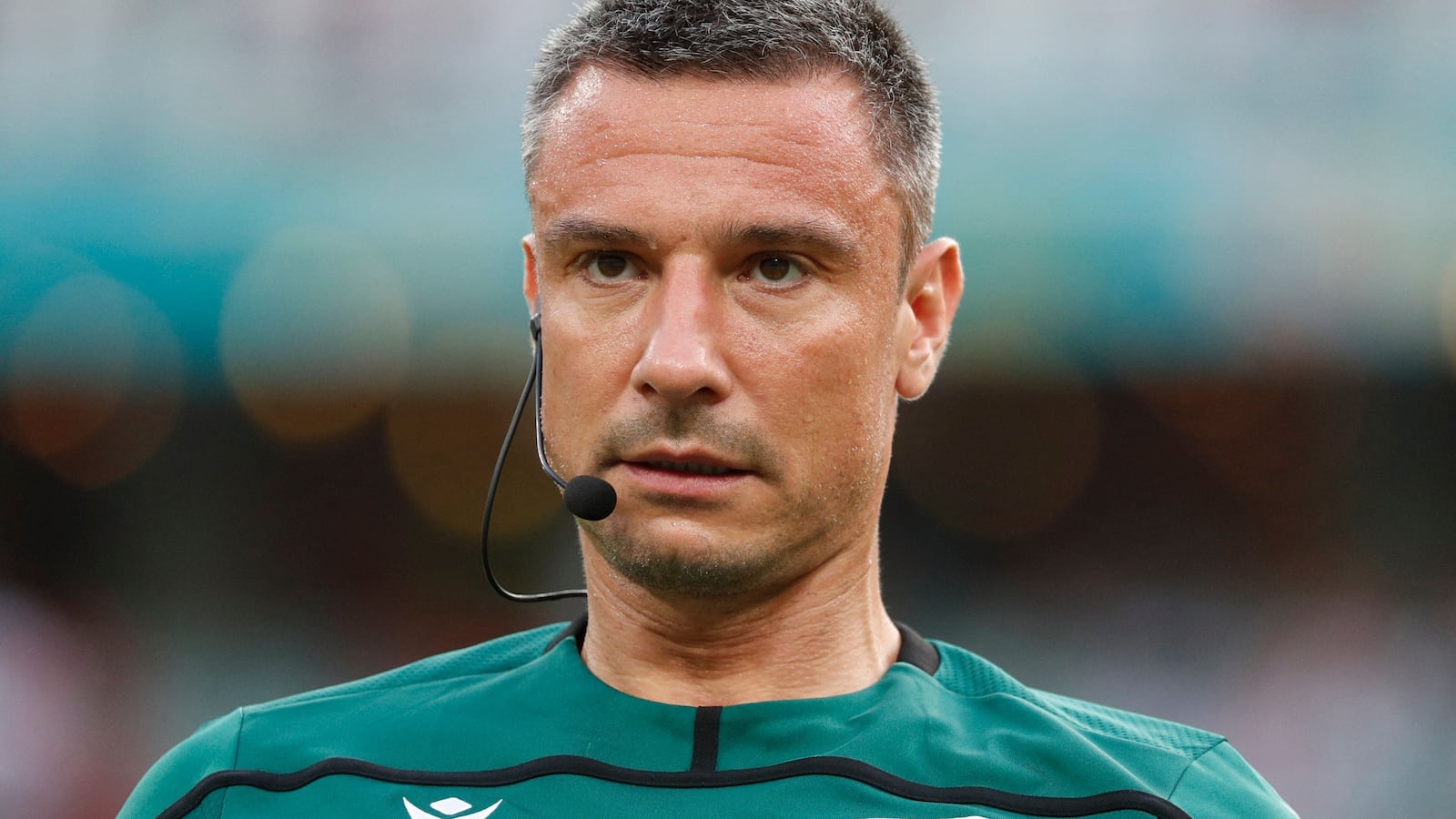 Slovenian referee Slavko Vincic is pictured at warm-up prior to the UEFA EURO 2020 at the Olympic Stadium in Baku in 2021.