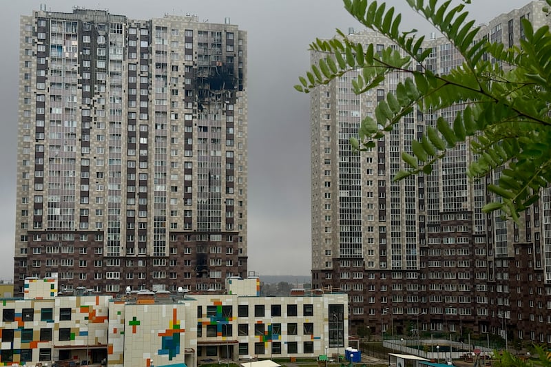 A view shows a damaged multi-storey apartment building following a drone attack in Kotelniki in the Moscow region on September 20, 2026. Hundreds of drones targeting Moscow and its surrounding region killed at least two people and damaged a major refinery on the final day of the country's parliamentary elections, the authorities said on September 20, 2026. (Photo by AFP via Getty Images)