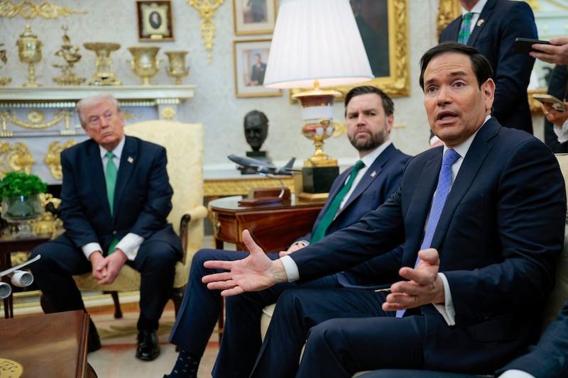 U.S. President Donald Trump, Vice President JD Vance and Secretary of State Marco Rubio take part in a meeting with Irish Taoiseach (Prime Minister) Micheal Martin at the White House in Washington, D.C., U.S., March 17, 2026. REUTERS/Evan Vucci