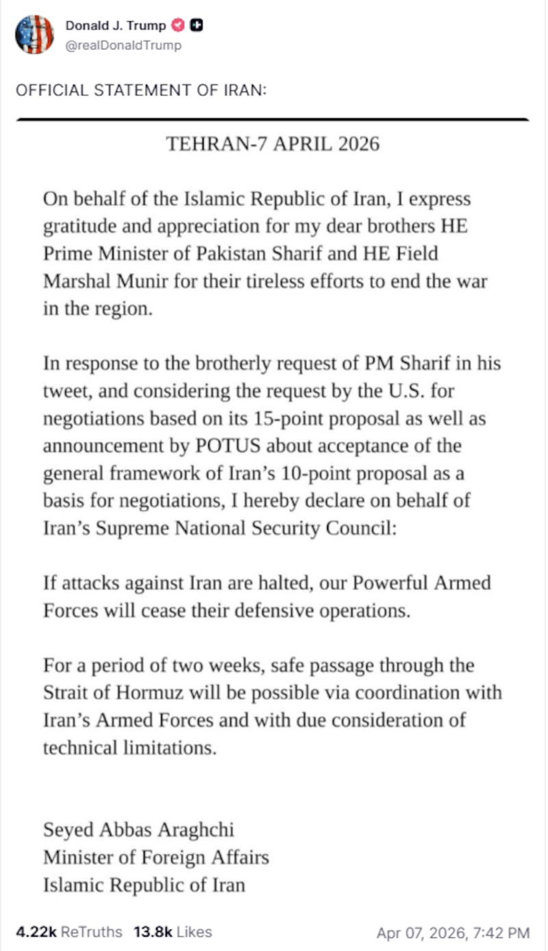 Araghchi's statement posted on Truth Social.